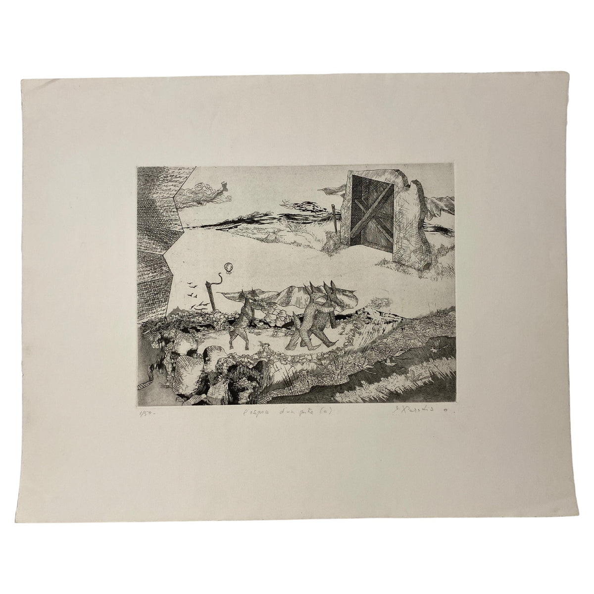 Original French Surrealist Engraving Print titled "l'espace d'un pitre #1/50