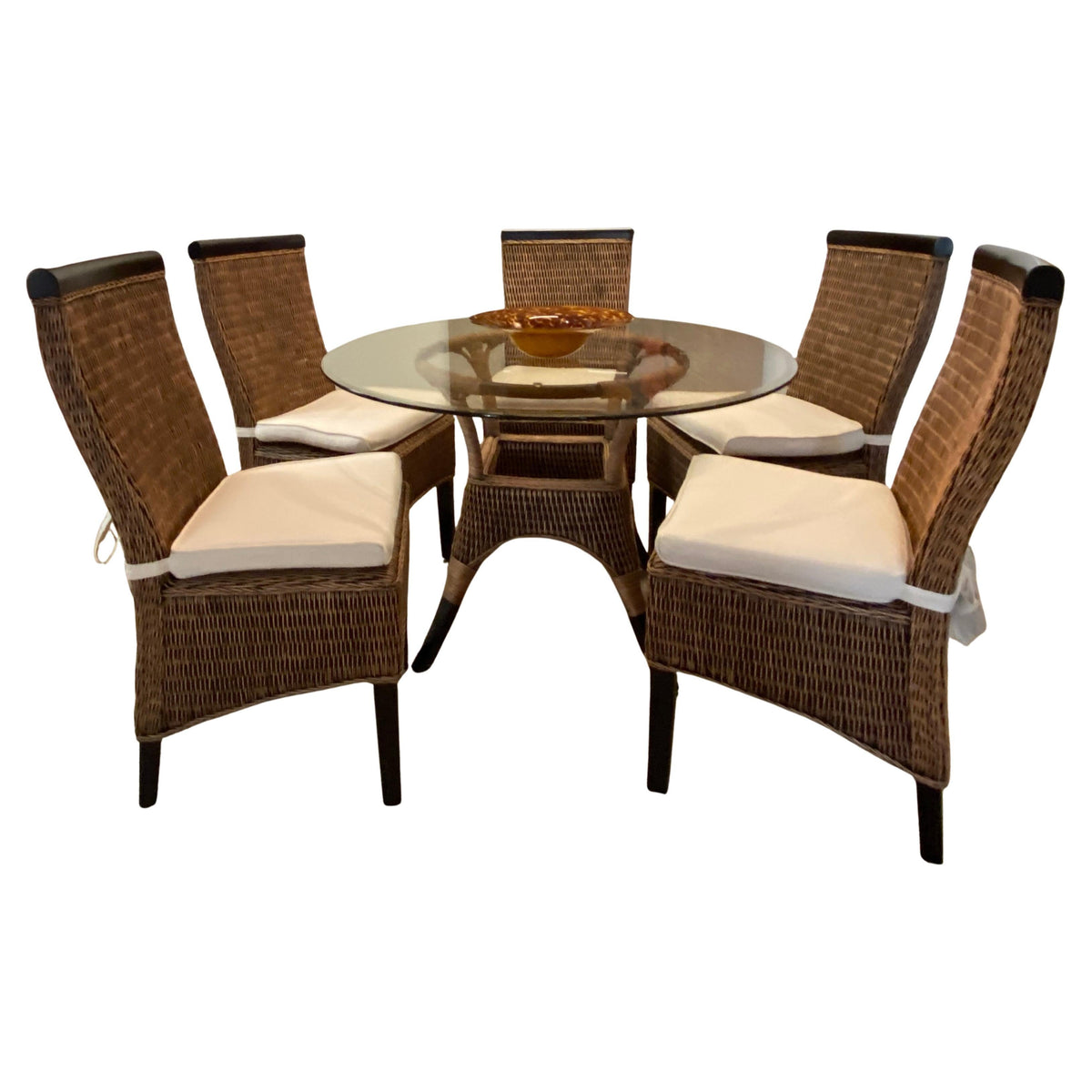 Rattan Patio Furniture Set, Glass Top Table and 5 Chair Set, Wicker Dining Set