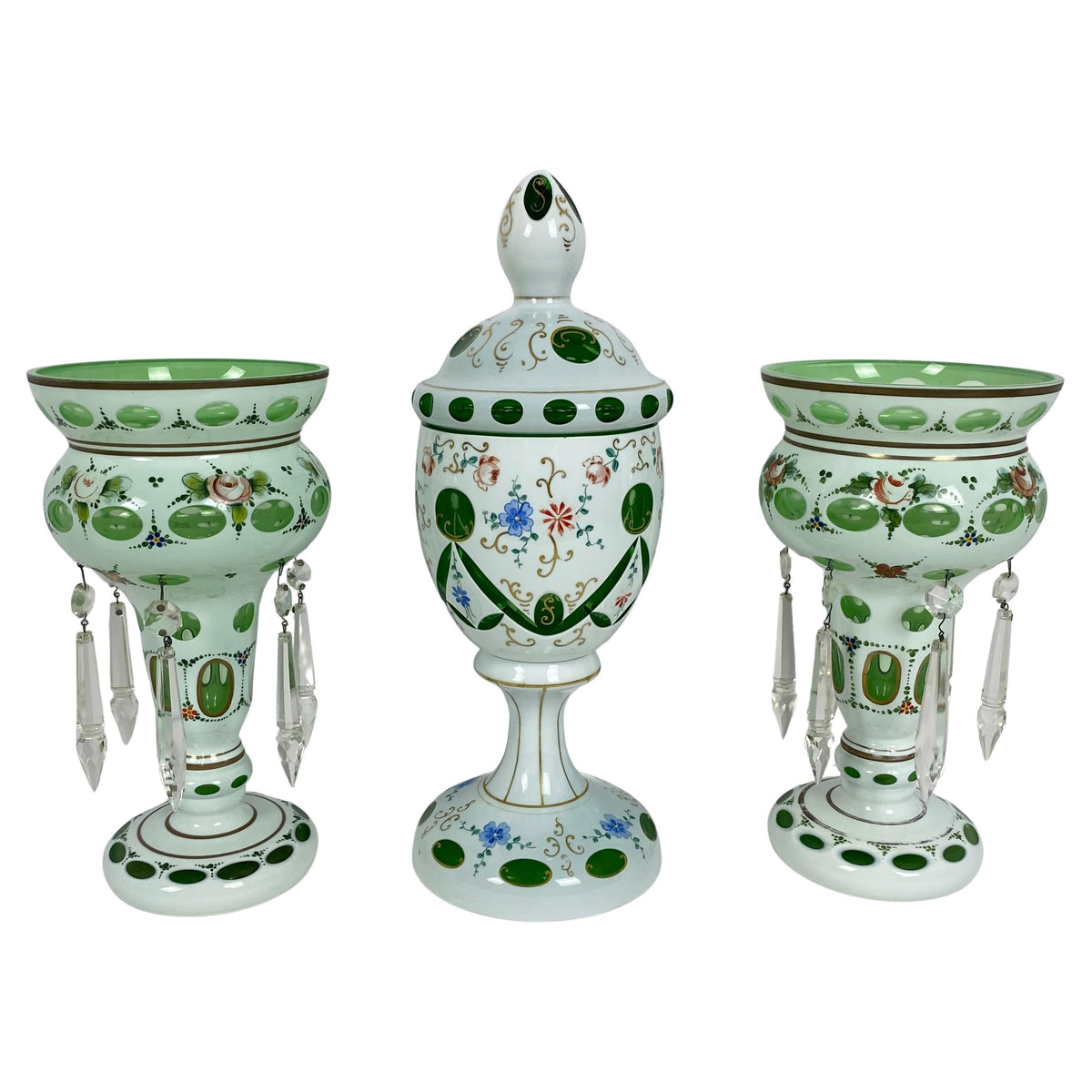 Bohemian Czech Glass Pottery, Set of 3 Green & White Decorative Objects