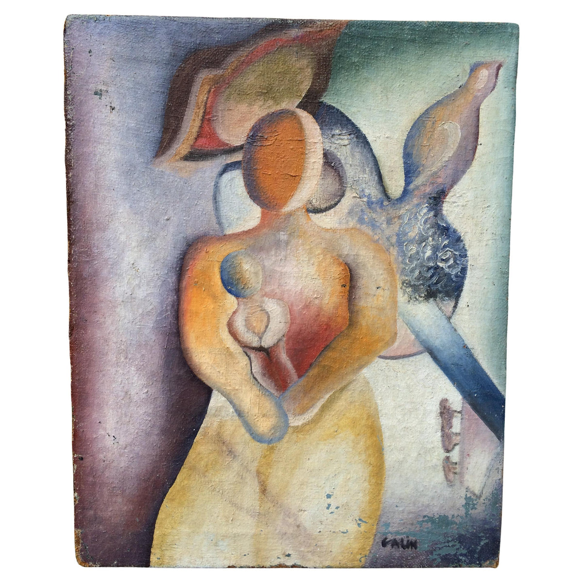 Abstract Figurative Cubist Painting, Mid-Century Style, Signed "Galin"