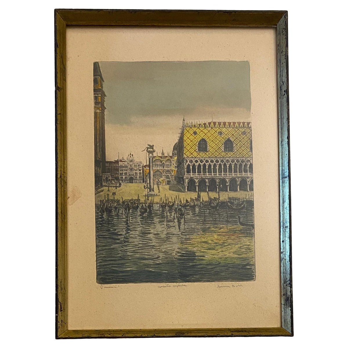 Impressive Colored Etching Venice Italy Doges Palace manner of Canaletto, Signed