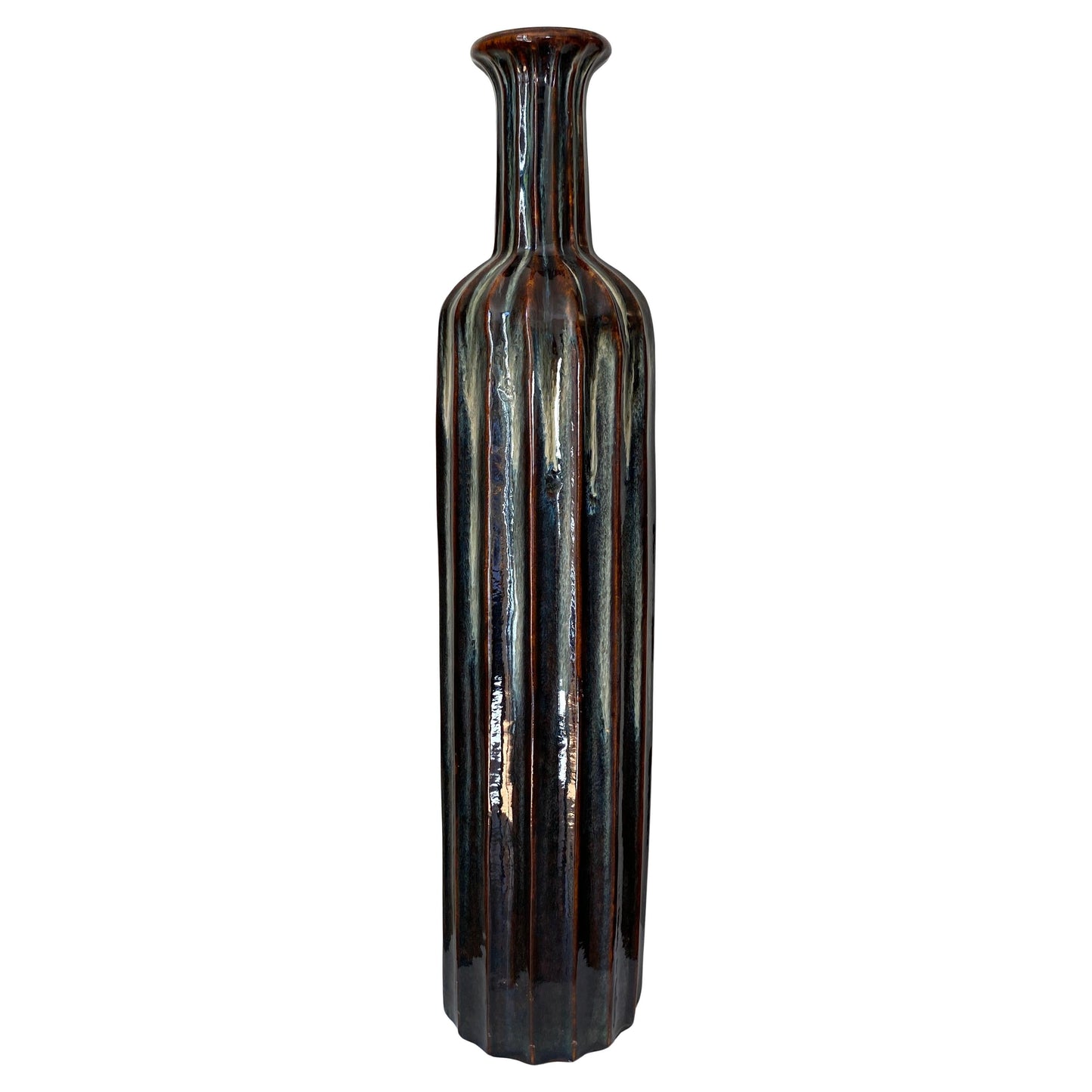 Monumental Mid-Century Modern Ribbed Ceramic Floor Vase with Drip Glaze, West Germany Style
