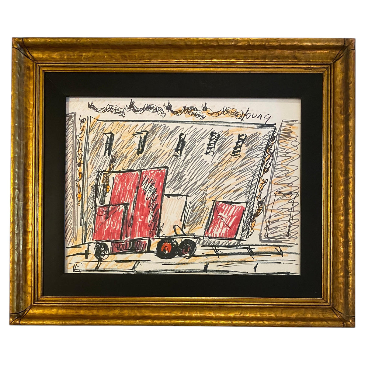 Early Purvis Young Drawing, Urban Truck Scene, Mixed Media on Paper, Framed — detail 2