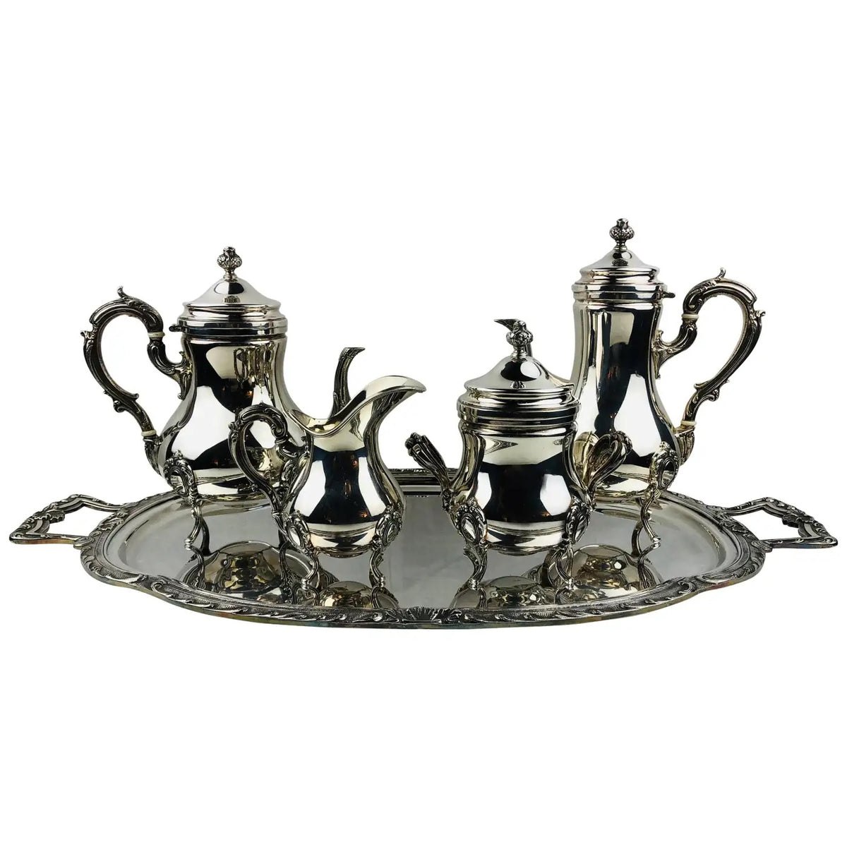 French Rococo Revival Silver Plate 5-Piece Tea & Coffee Service on Tray, Early 20th Century
