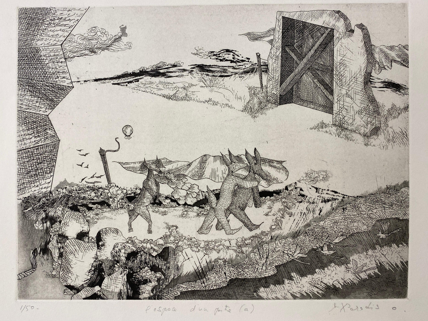 Original French Surrealist Engraving Print titled "l'espace d'un pitre #1/50 — detail 7