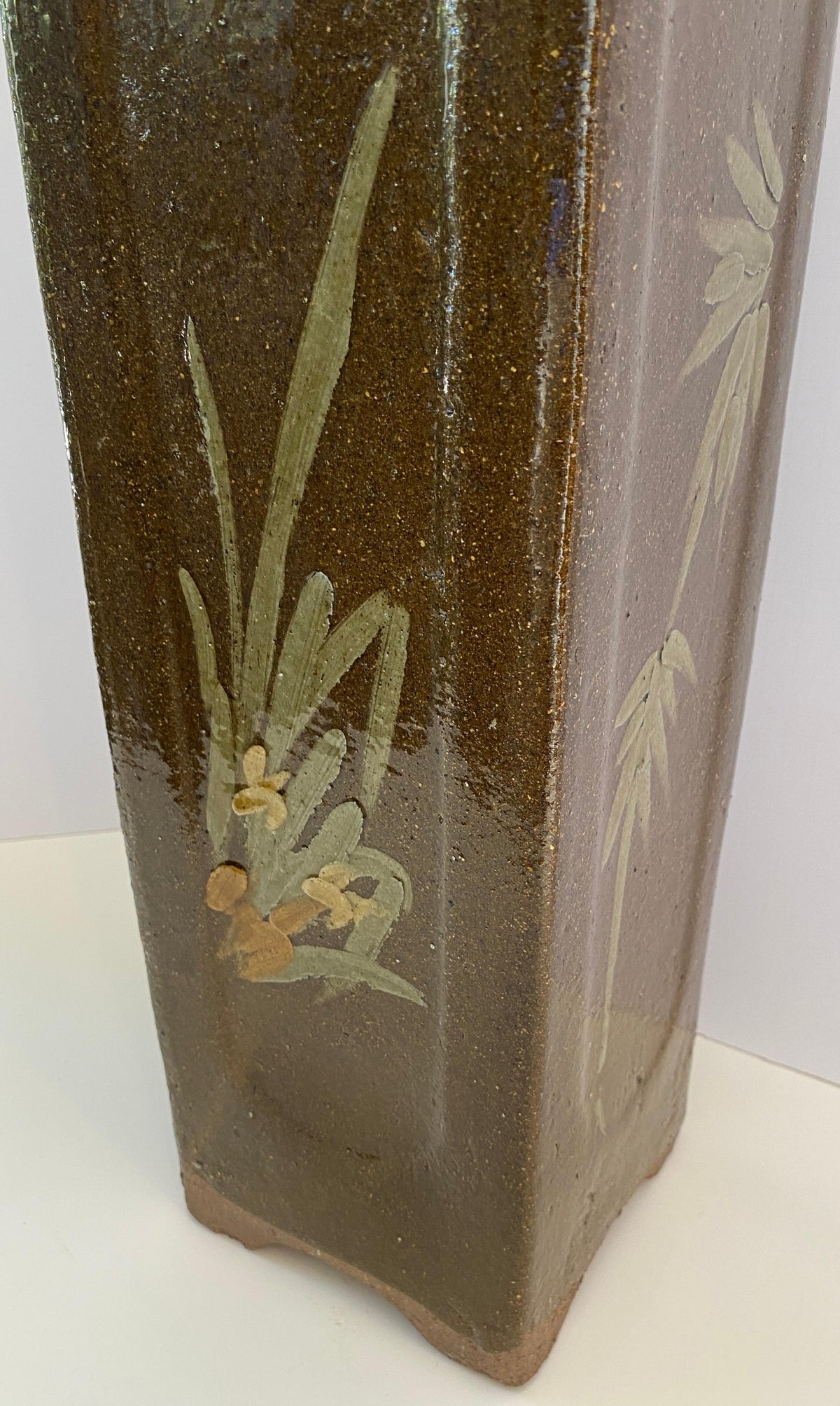 Tall Midcentury Ceramic Flower Vase or Planter Green and Brown, Umbrella Stand — detail 3