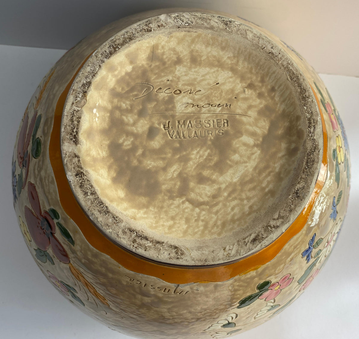 Large Signed Jérôme Massier Hand-Painted French Art Pottery Ceramic Bowl — detail 3