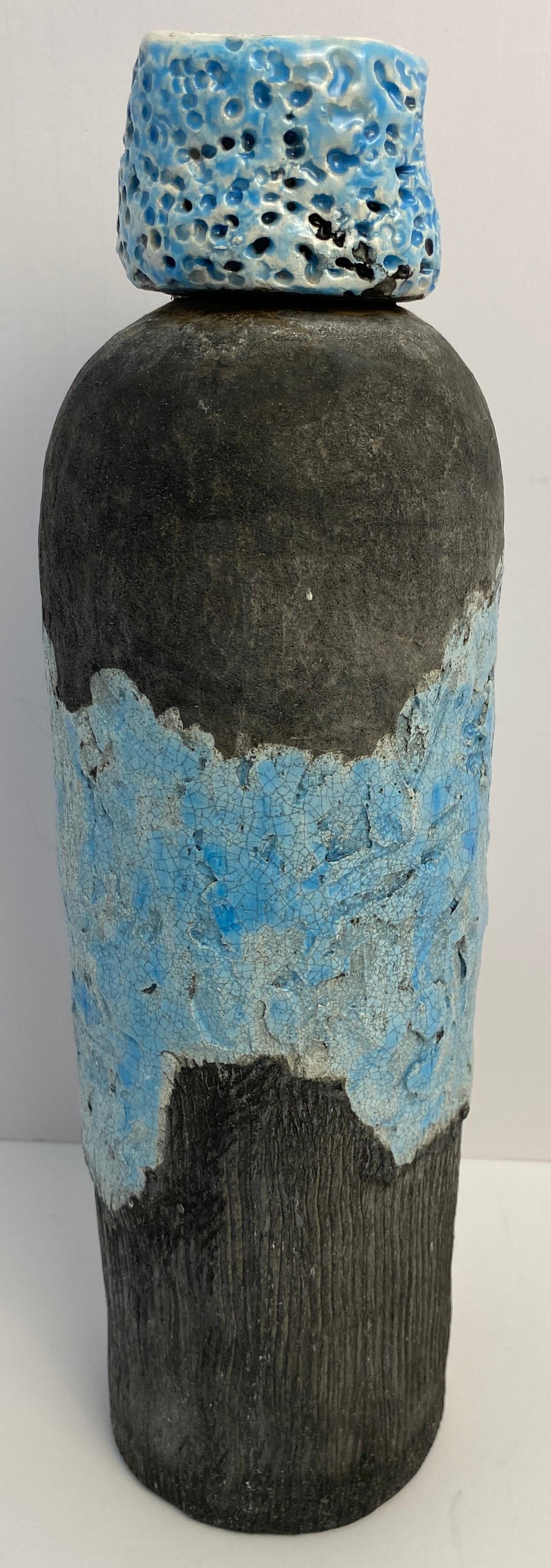 Vallauris Fat Lava Style Pottery, French Mid Century Blue Decorative Lidded Vase — detail 3
