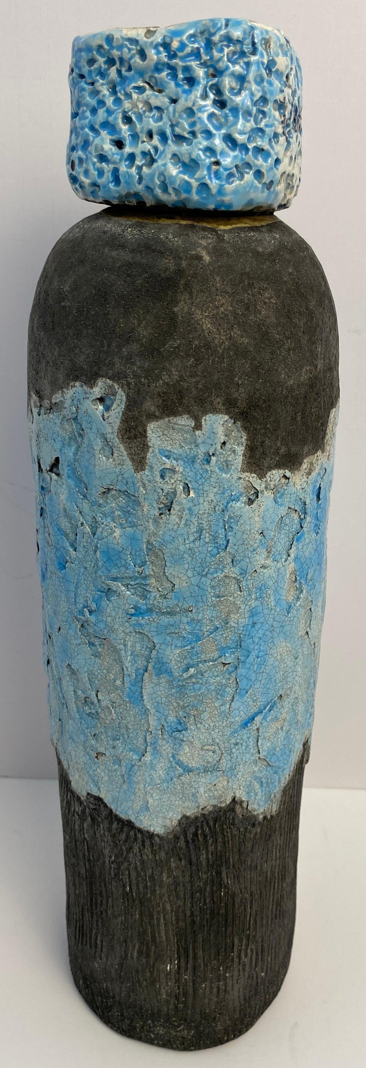 Vallauris Fat Lava Style Pottery, French Mid Century Blue Decorative Lidded Vase — detail 5