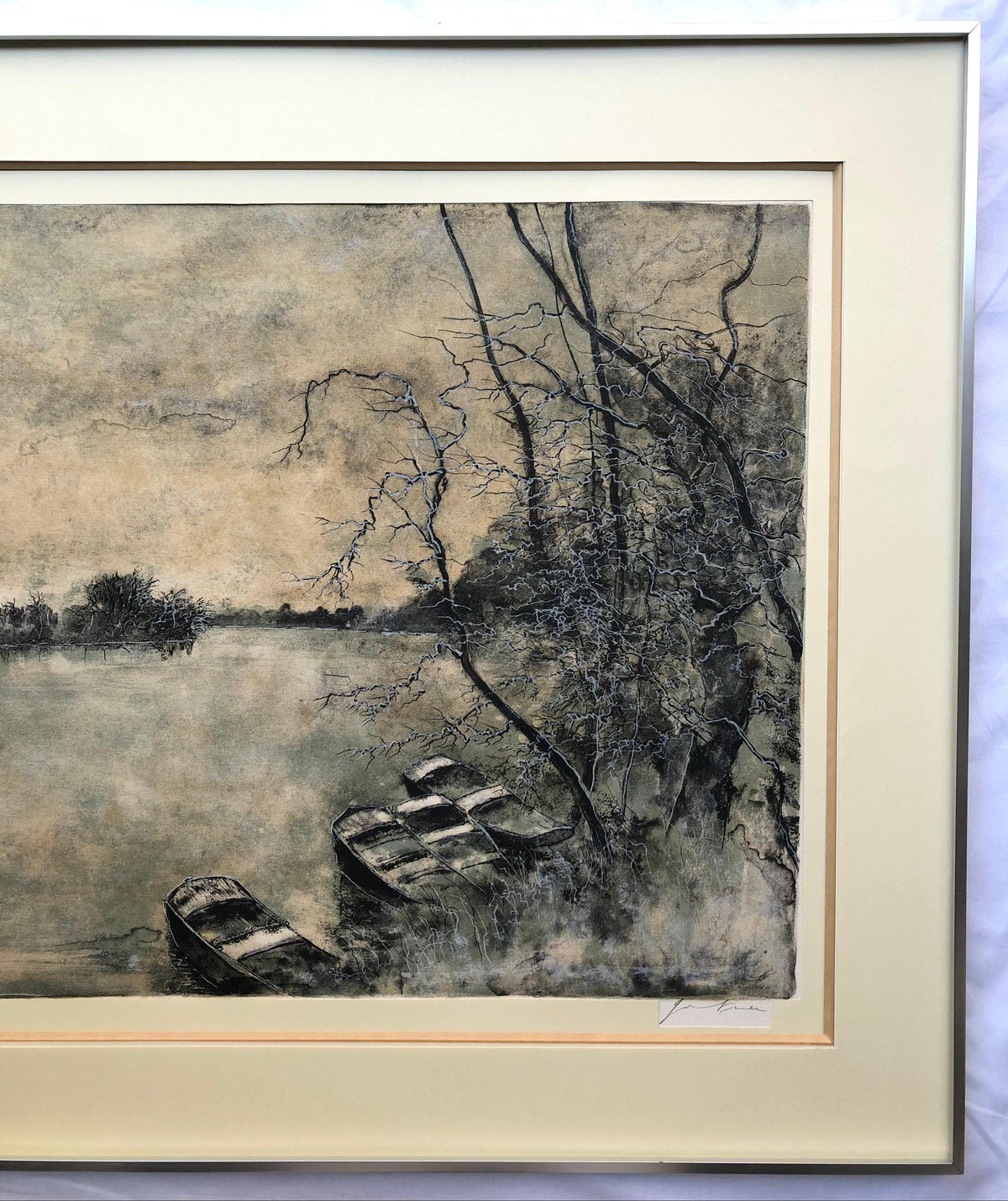Framed Lithograph Landscape with View of the Lake and Boats Signed — detail 2