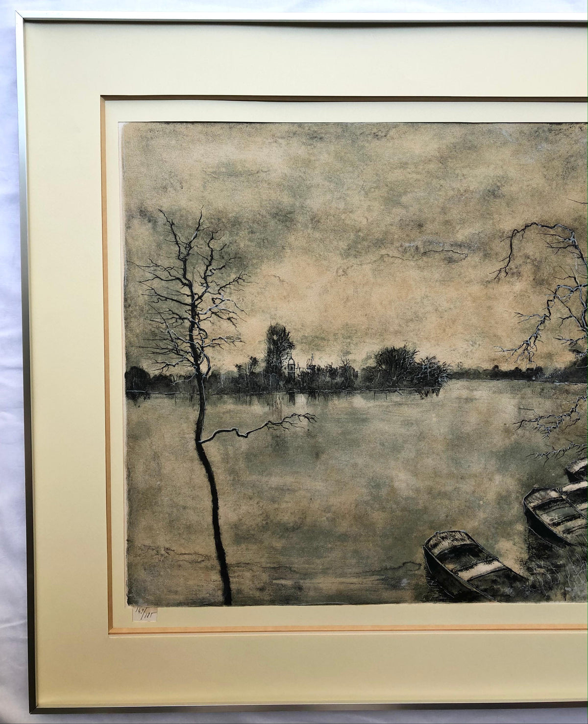 Framed Lithograph Landscape with View of the Lake and Boats Signed — detail 4