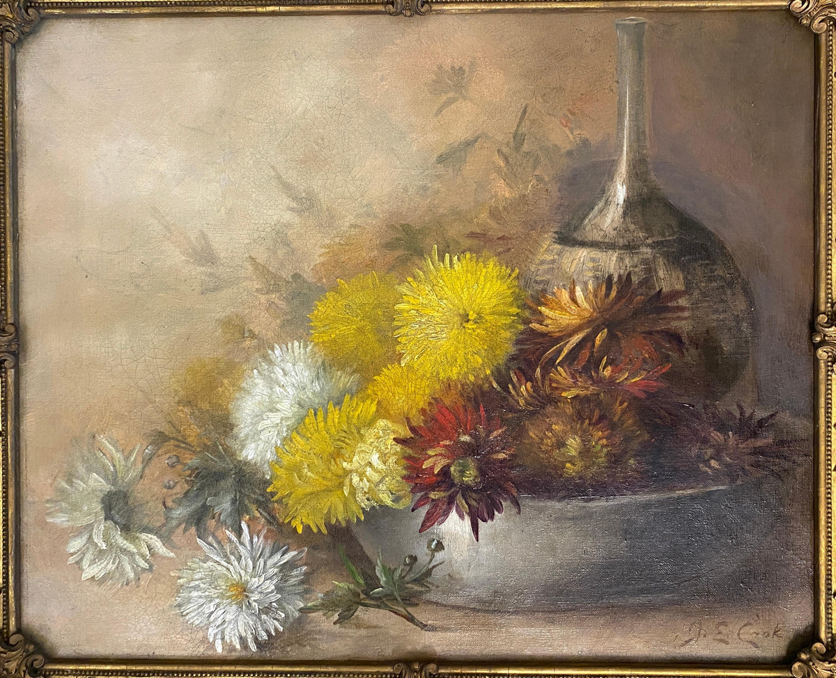 Still Life Oil Painting of Flowers 20th Century, Signed J.E. Cook — detail 9