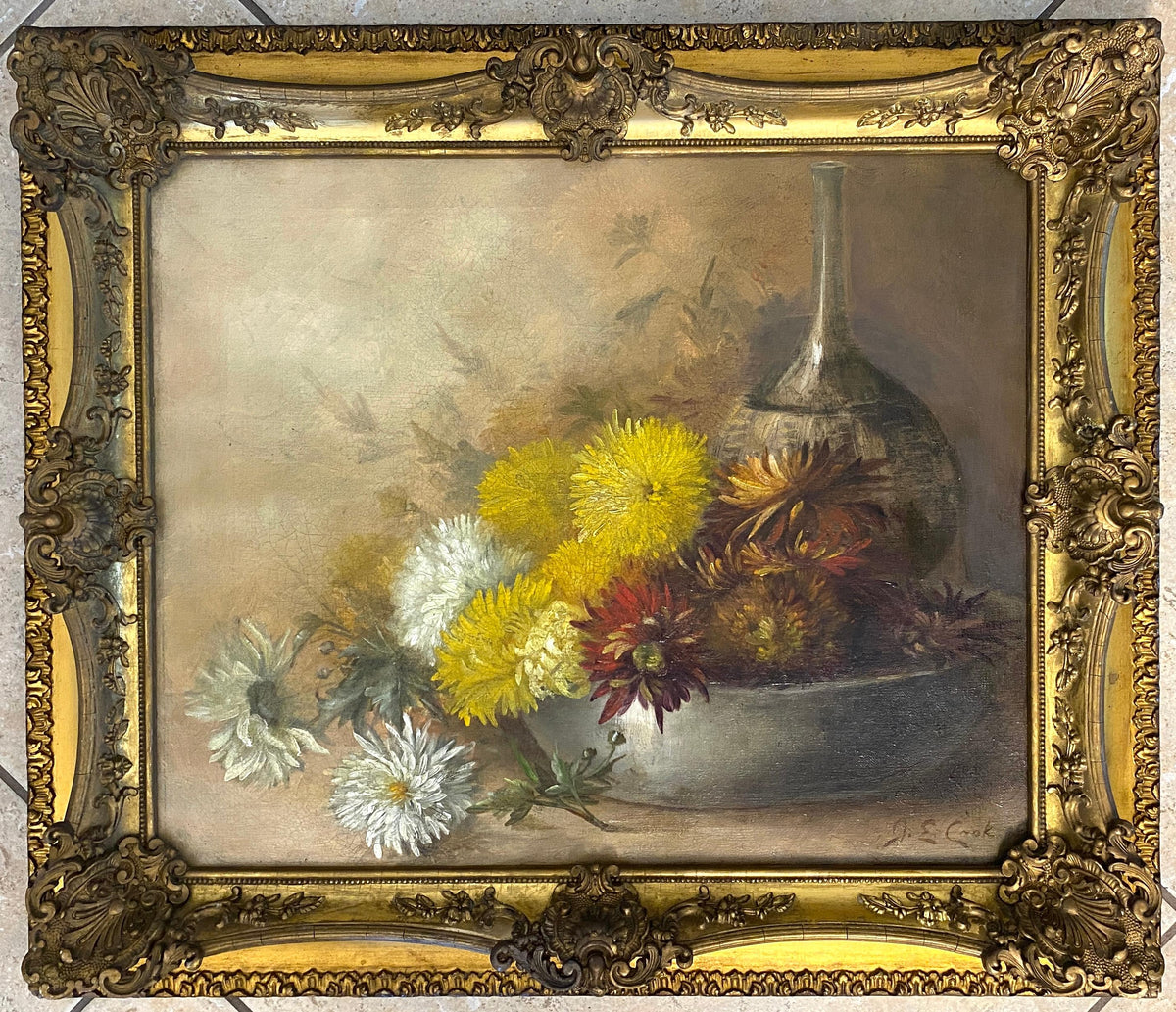 Still Life Oil Painting of Flowers 20th Century, Signed J.E. Cook — detail 10