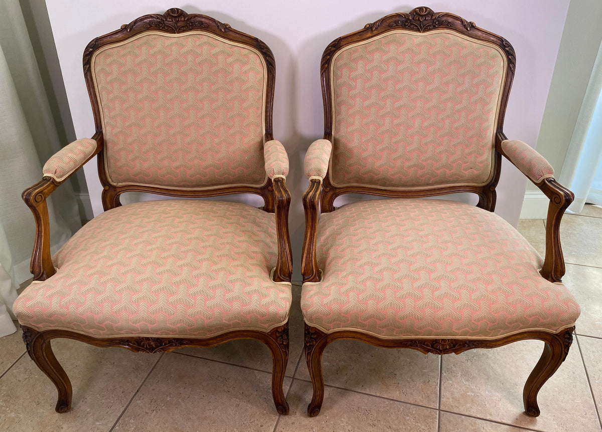 Pair of French Louis XV Style Beechwood Fauteuil Armchairs, Carved Frames — detail 2