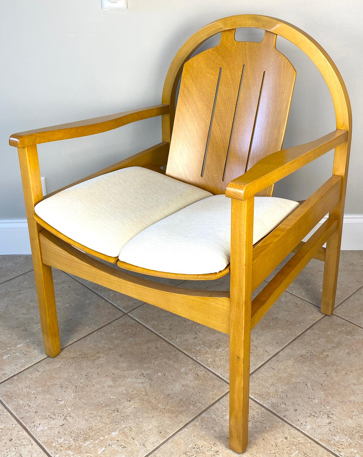 Pair of Modern Armchairs Beechwood + Fabric, Baumann Argos Lounge Chairs — detail 2