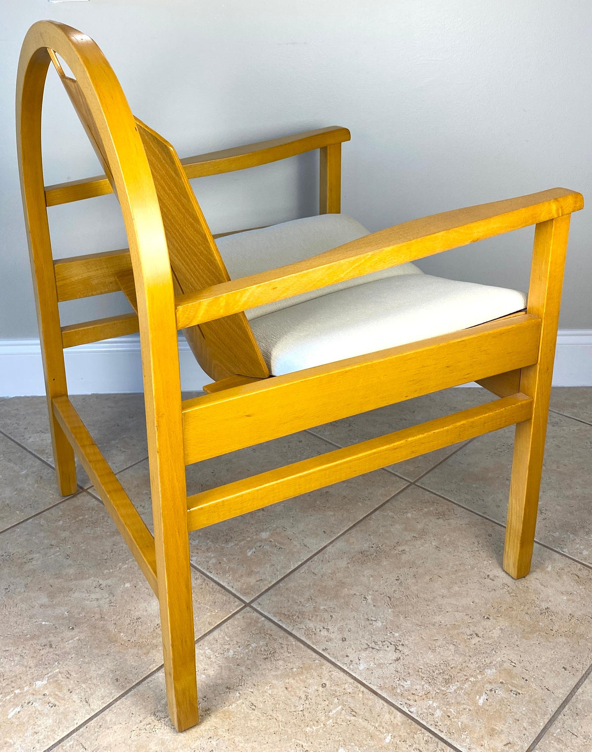 Pair of Modern Armchairs Beechwood + Fabric, Baumann Argos Lounge Chairs — detail 5