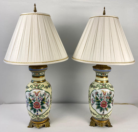 Pair of French Hand Painted Porcelain Gilt Bronze Mounted Table Lamps — detail 2