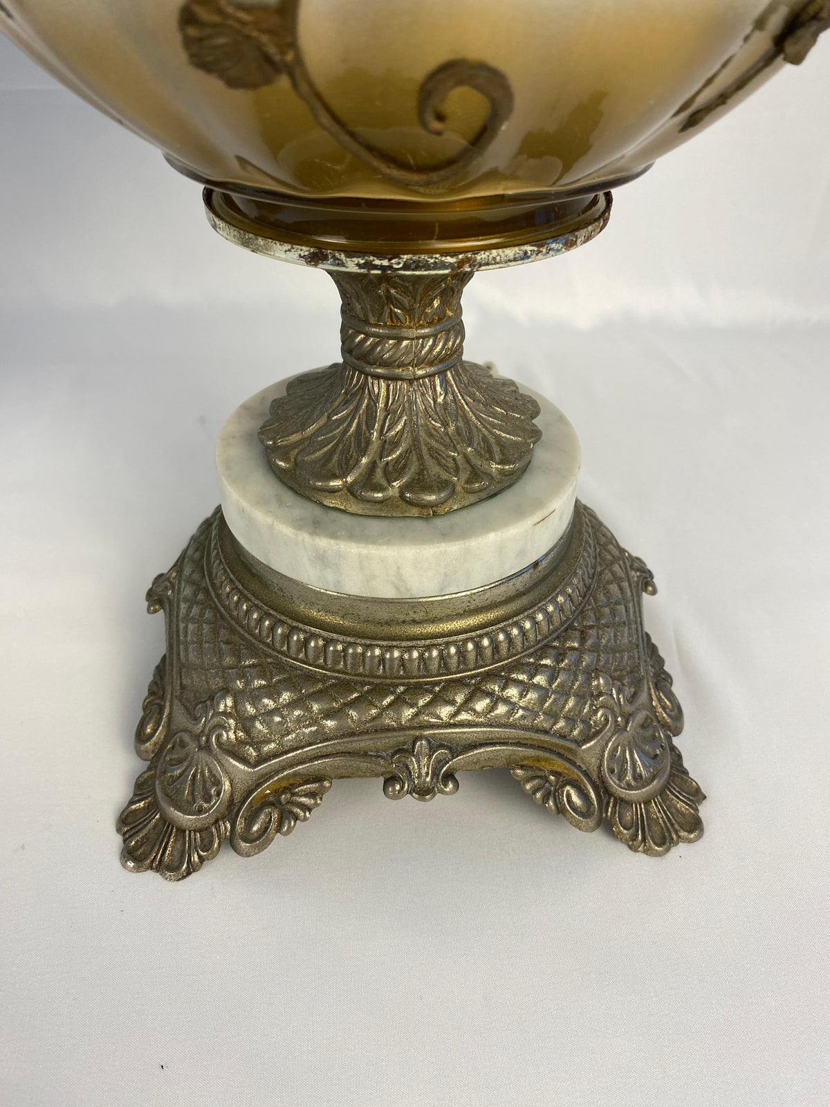 Pair of Opaline Glass Table Lamps with Brass Gold Filigree and Crystal — detail 8