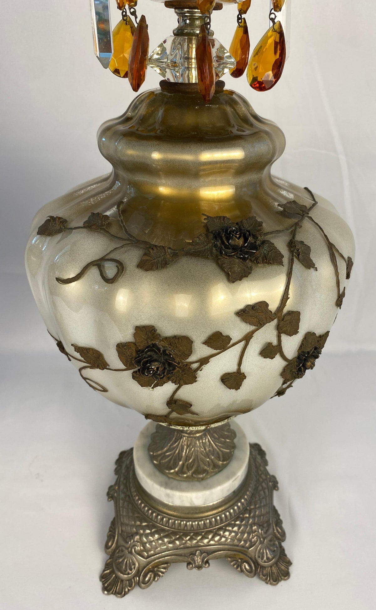 Pair of Opaline Glass Table Lamps with Brass Gold Filigree and Crystal — detail 10