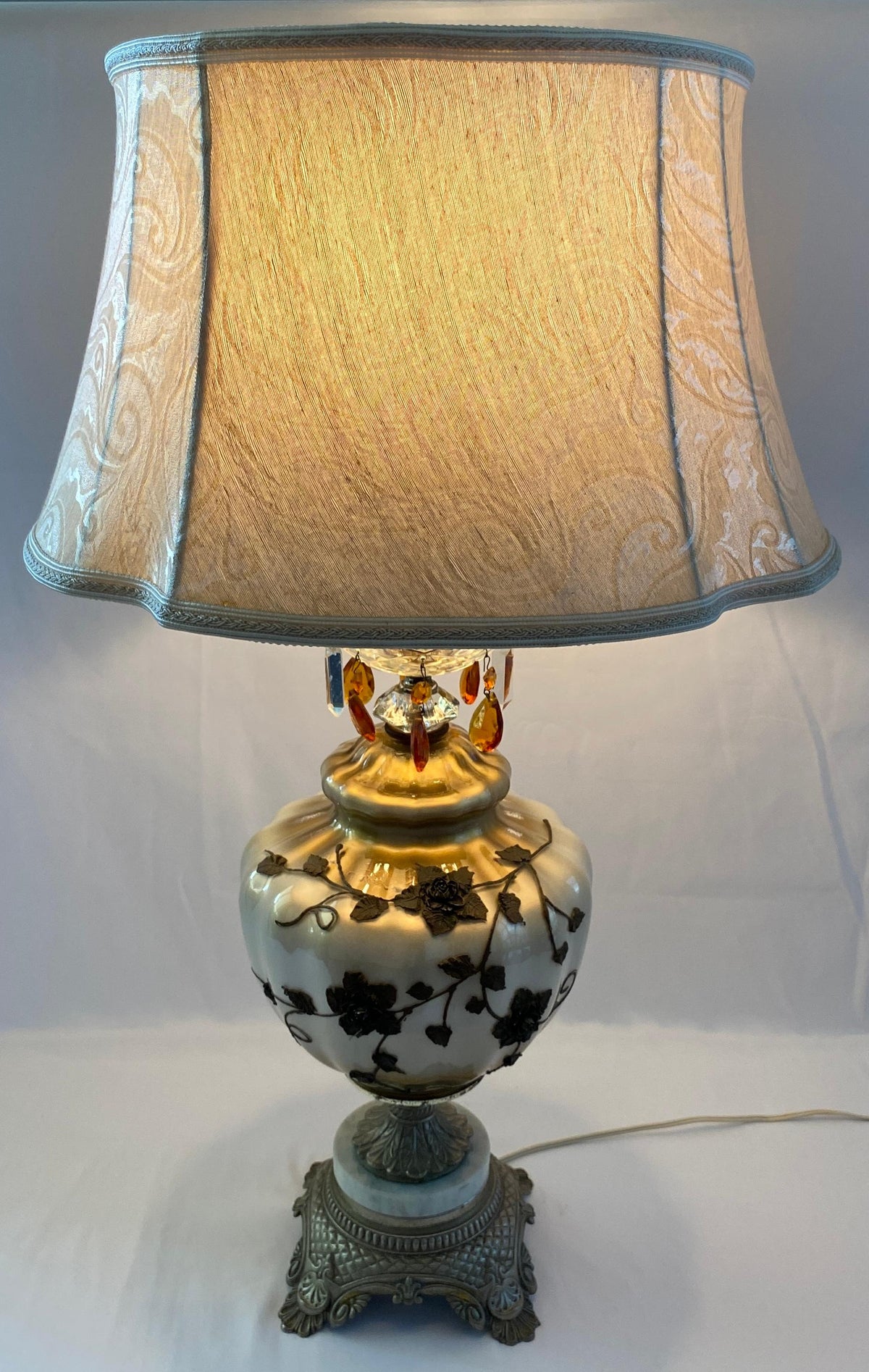 Pair of Opaline Glass Table Lamps with Brass Gold Filigree and Crystal — detail 2