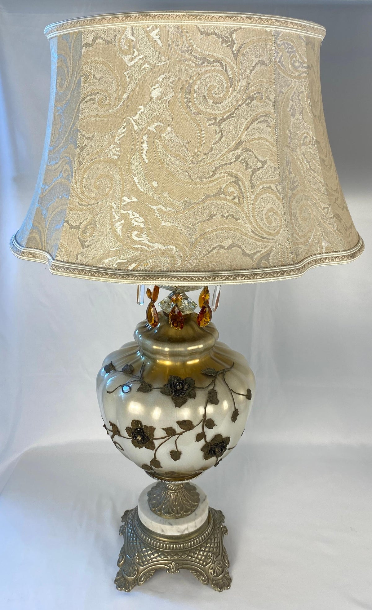 Pair of Opaline Glass Table Lamps with Brass Gold Filigree and Crystal — detail 6