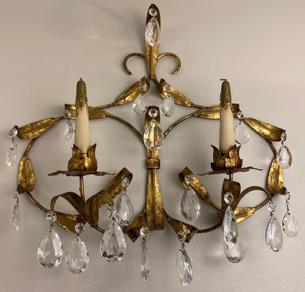 Pair of Maison Baguès Style Mid-20th Century Gilt Metal and Crystal Wall Sconces — detail 2