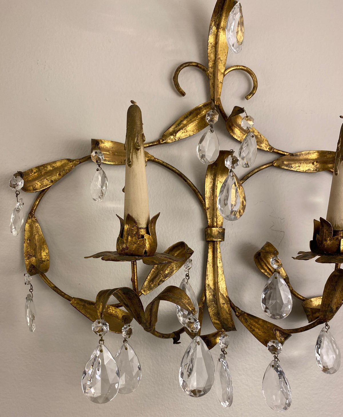 Pair of Maison Baguès Style Mid-20th Century Gilt Metal and Crystal Wall Sconces — detail 4