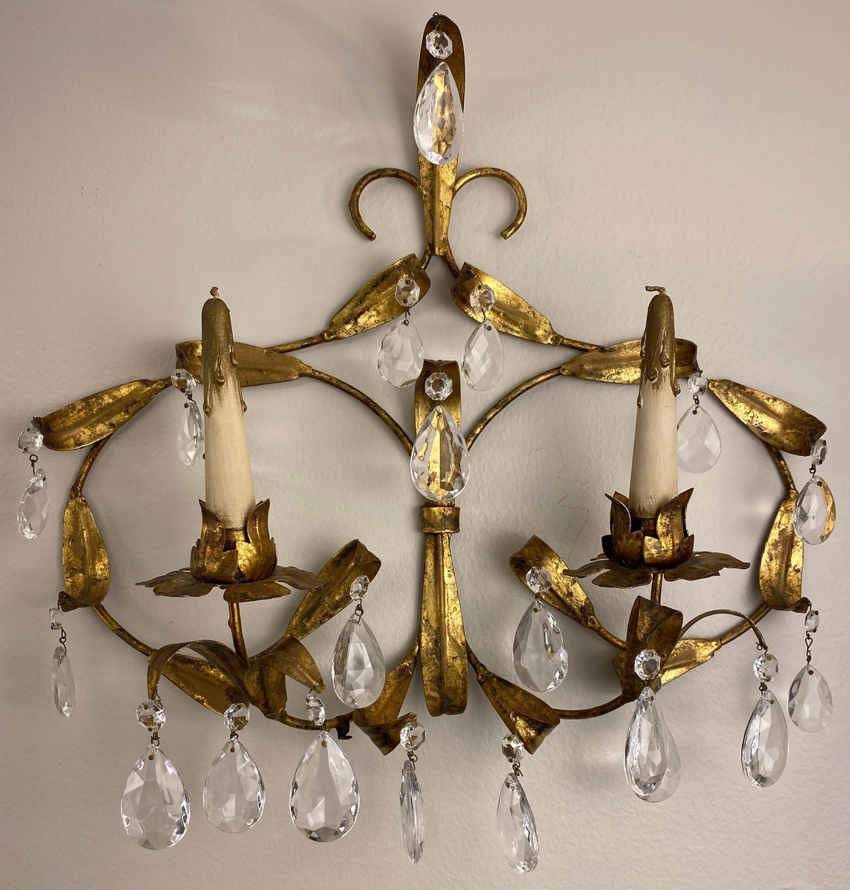 Pair of Maison Baguès Style Mid-20th Century Gilt Metal and Crystal Wall Sconces — detail 5