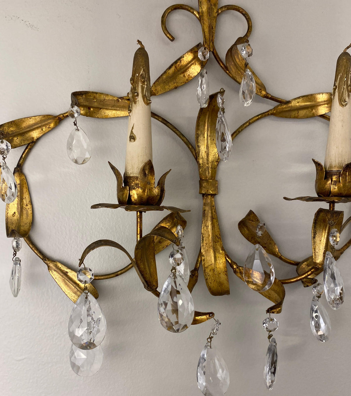 Pair of Maison Baguès Style Mid-20th Century Gilt Metal and Crystal Wall Sconces — detail 7