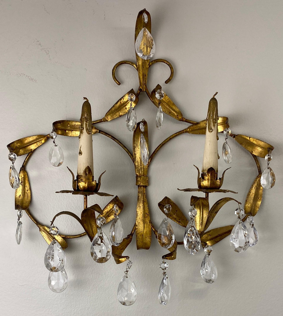 Pair of Maison Baguès Style Mid-20th Century Gilt Metal and Crystal Wall Sconces — detail 9
