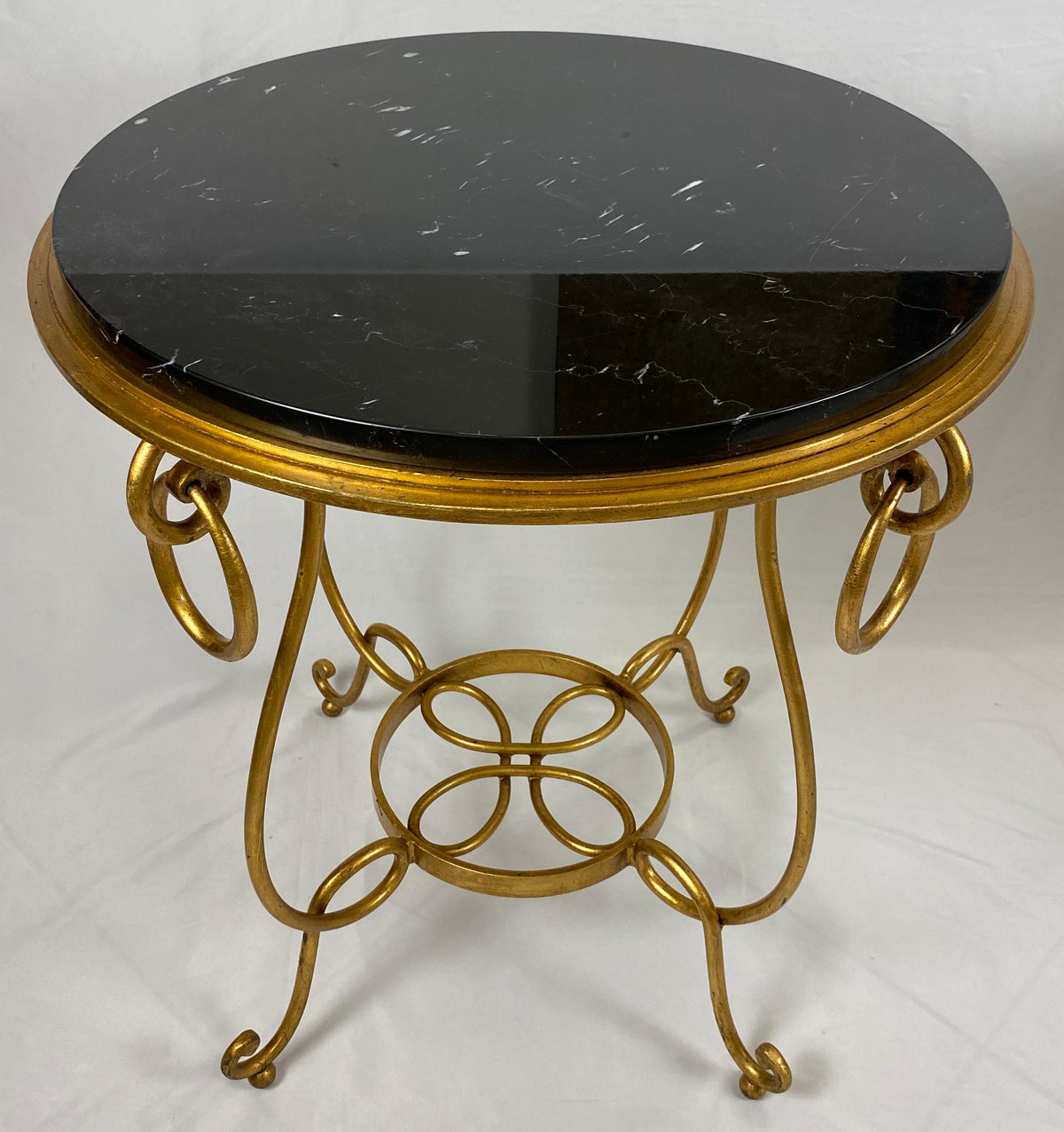 Pair of Rene Drouet Style Marble and Gilded Iron Side Tables — detail 2