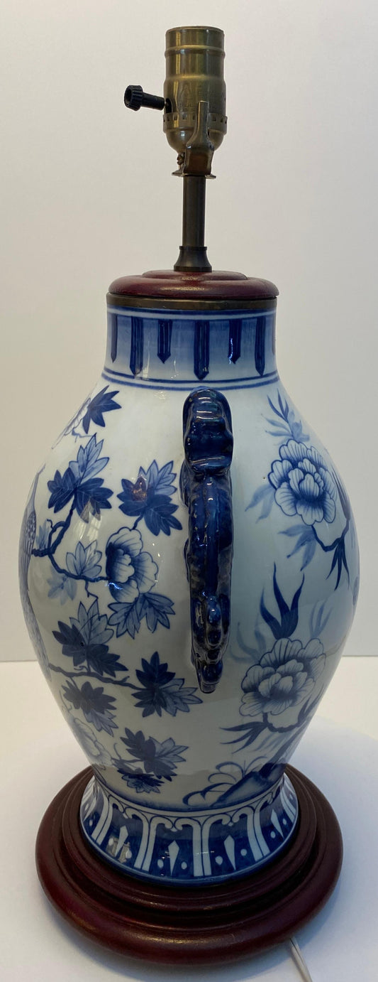 Pair of Blue and White Chinoiserie Porcelain Urn Table Lamps with Peacock Motifs — detail 2