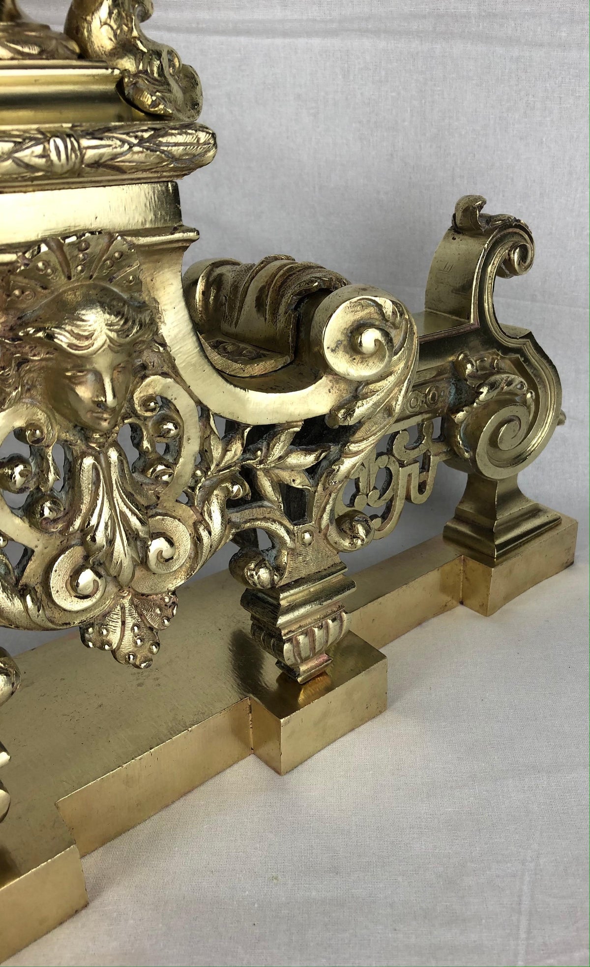 18th Century French Louis XVI Gilded Bronze Fireplace Chenets or Urn Andirons — detail 18