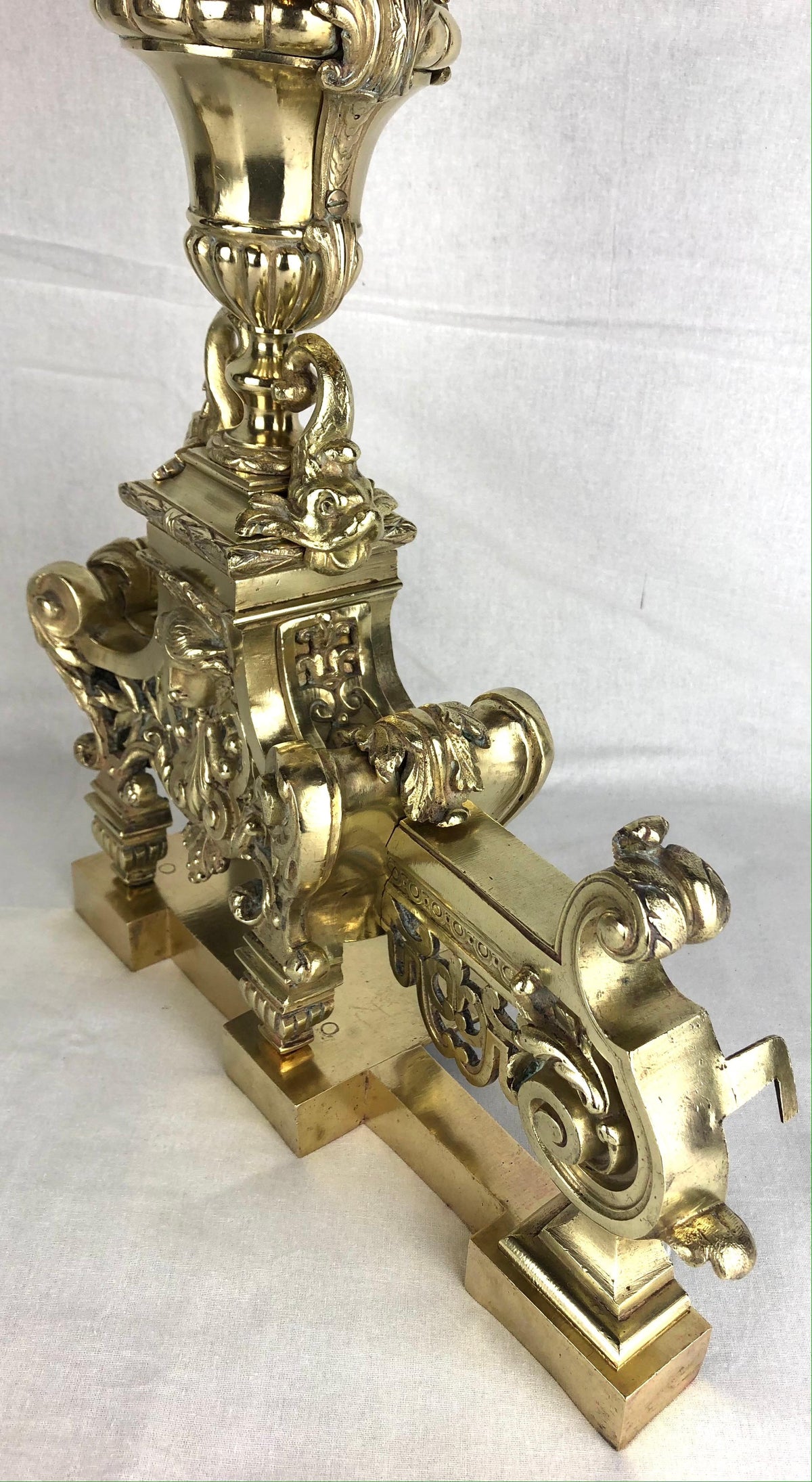 18th Century French Louis XVI Gilded Bronze Fireplace Chenets or Urn Andirons — detail 19