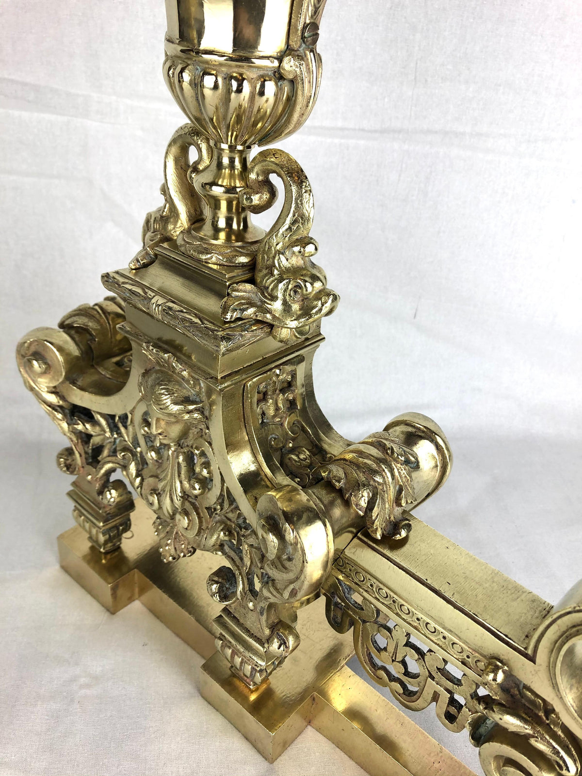 18th Century French Louis XVI Gilded Bronze Fireplace Chenets or Urn Andirons — detail 9