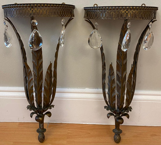 Pair of Italian Metal & Crystal Wall Brackets Shelves — detail 2