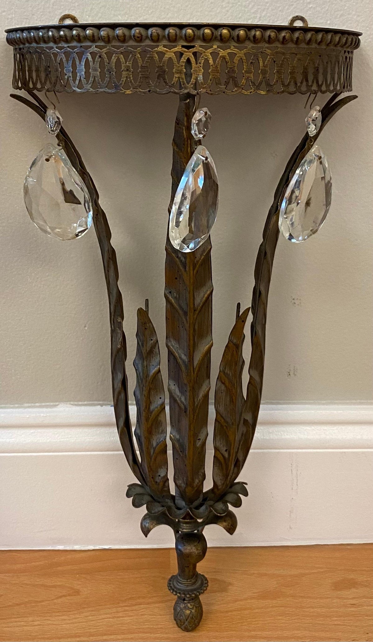 Pair of Italian Metal & Crystal Wall Brackets Shelves — detail 3