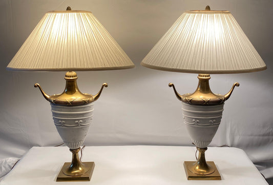 Pair of Italian Urn Shaped Table Lamps Antique White with Bronze and Brass — detail 2