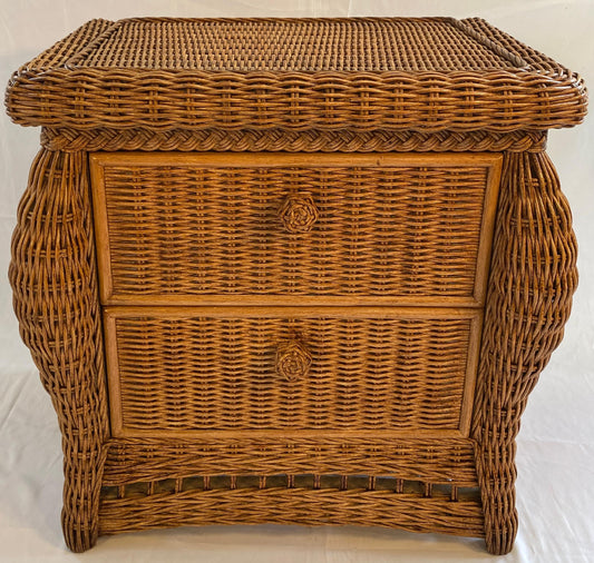 Pair of Wicker/Rattan Chest of Drawers, Hollywood Regency Style Nightstands — detail 2
