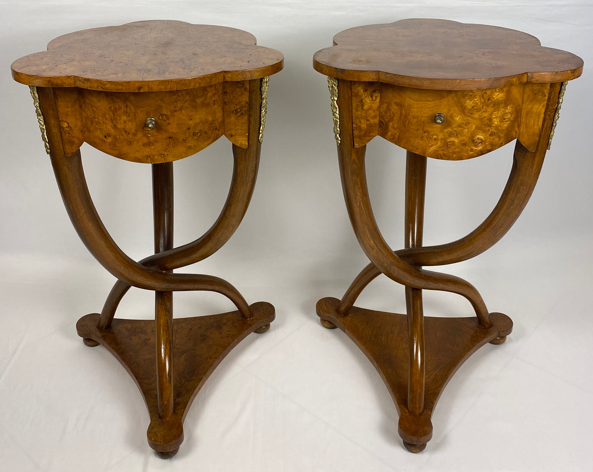 Italian Pair of Burl Walnut Side Tables With Curved Legs