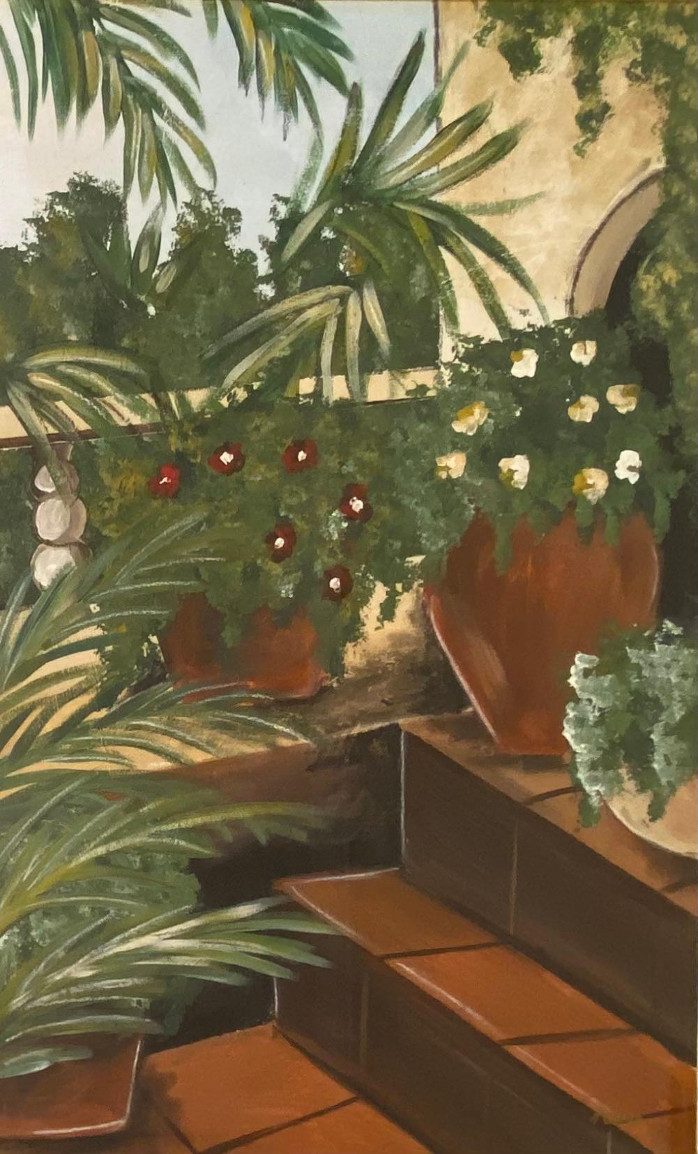 Large Oil on Paper Painting Tropical Palm Trees in Gilt Wood Frame — detail 7