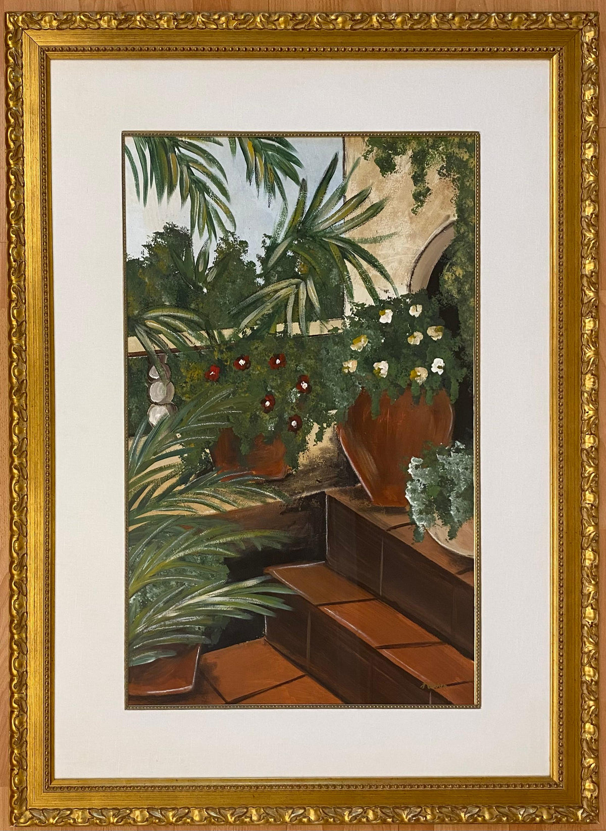 Large Oil on Paper Painting Tropical Palm Trees in Gilt Wood Frame — detail 2