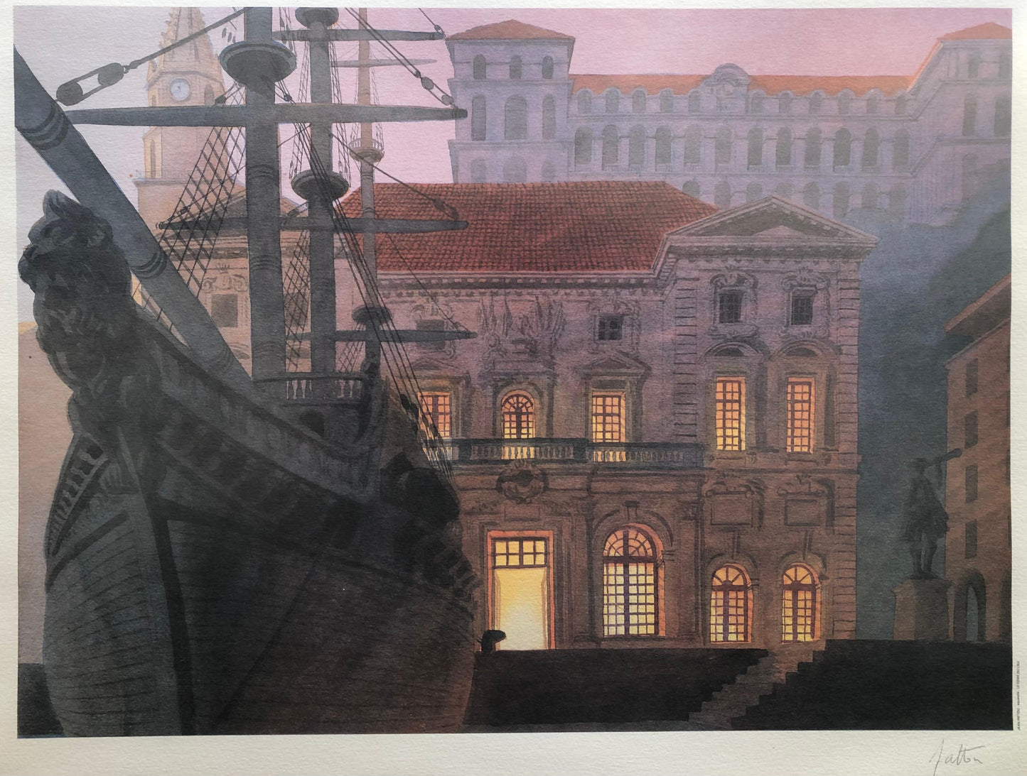 French Framed Lithograph Landscape Seascape Port of Marseille by Night Signed — detail 4