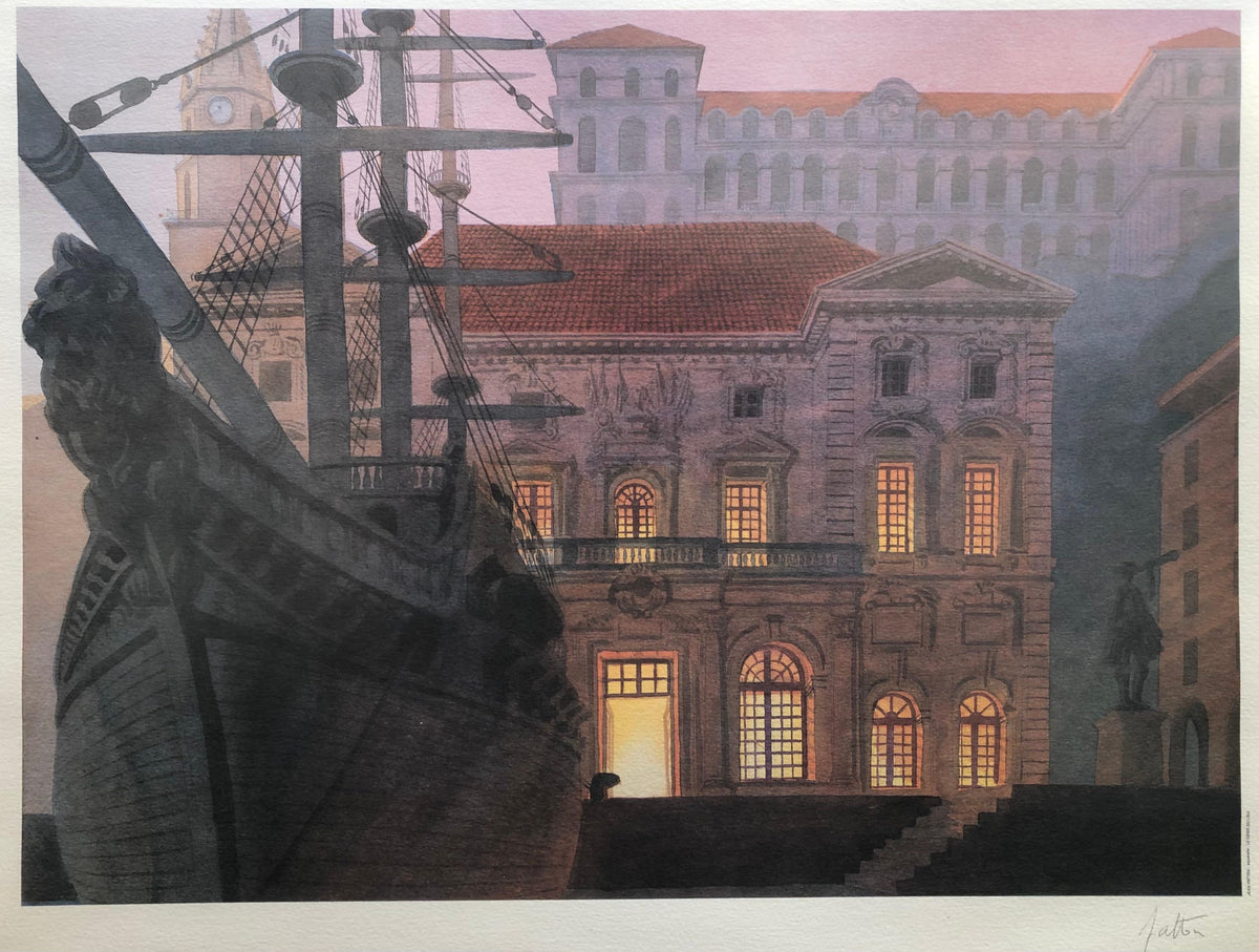 French Framed Lithograph Landscape Seascape Port of Marseille by Night Signed — detail 4