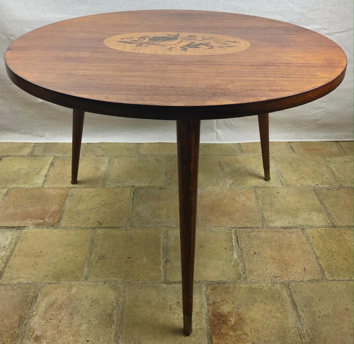French Art Deco Style Round Wooden Cocktail or Side Table with Marquetry Center — detail 5