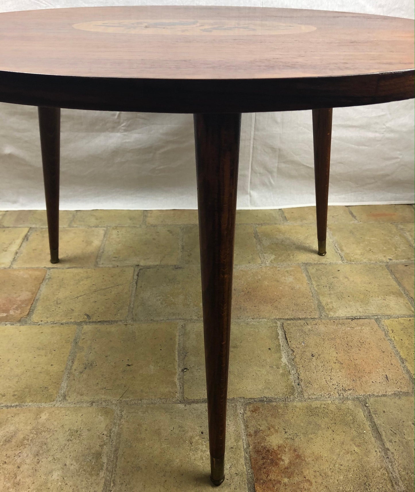 French Art Deco Style Round Wooden Cocktail or Side Table with Marquetry Center — detail 6