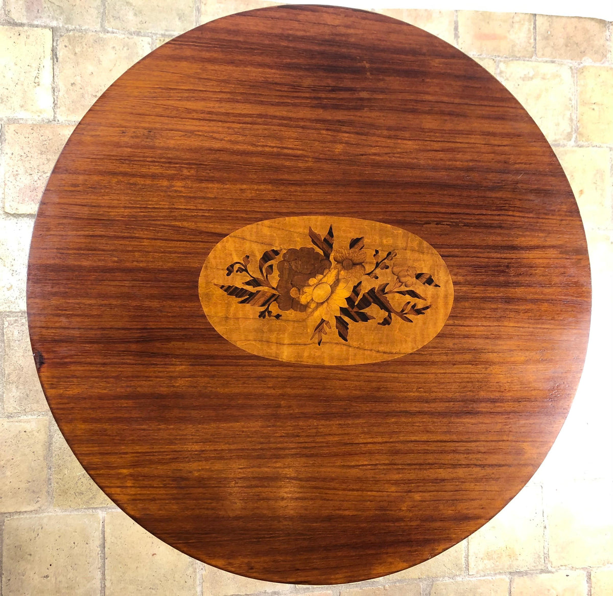 French Art Deco Style Round Wooden Cocktail or Side Table with Marquetry Center — detail 2