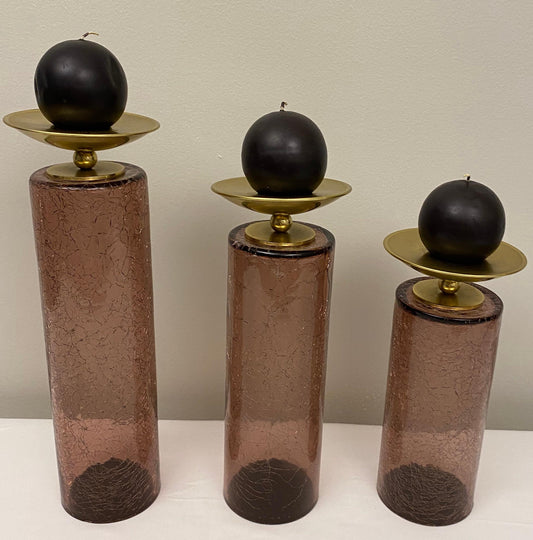 Set of 3 Glass and Brass American Modernist Candleholders, Purple Gold — detail 2