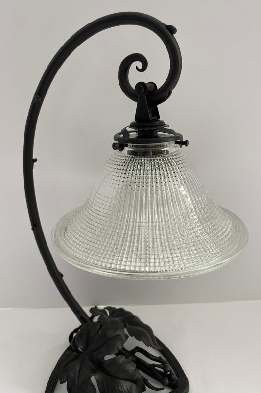 French Art Deco Forged Iron Table Lamp With Glass Shade — detail 2