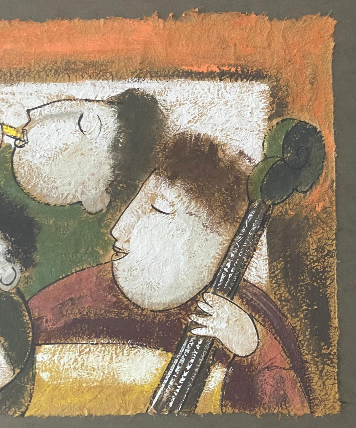 Large Oil Painting by Joyce Roybal, Three Young Musicians — detail 3